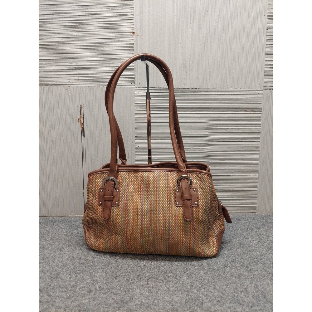 Croft & Barrow Women Shoulder Bag Small Brown Stripe Braided Leather Trim Casual - Picture 3 of 16